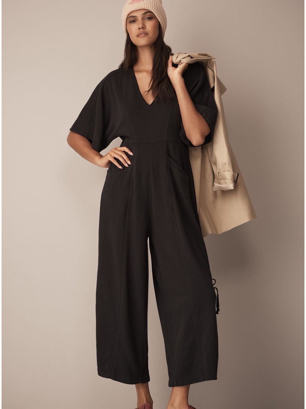 Daily Practice Black V-Neck Wide-Leg Jumpsuit with Side Pocket Detail